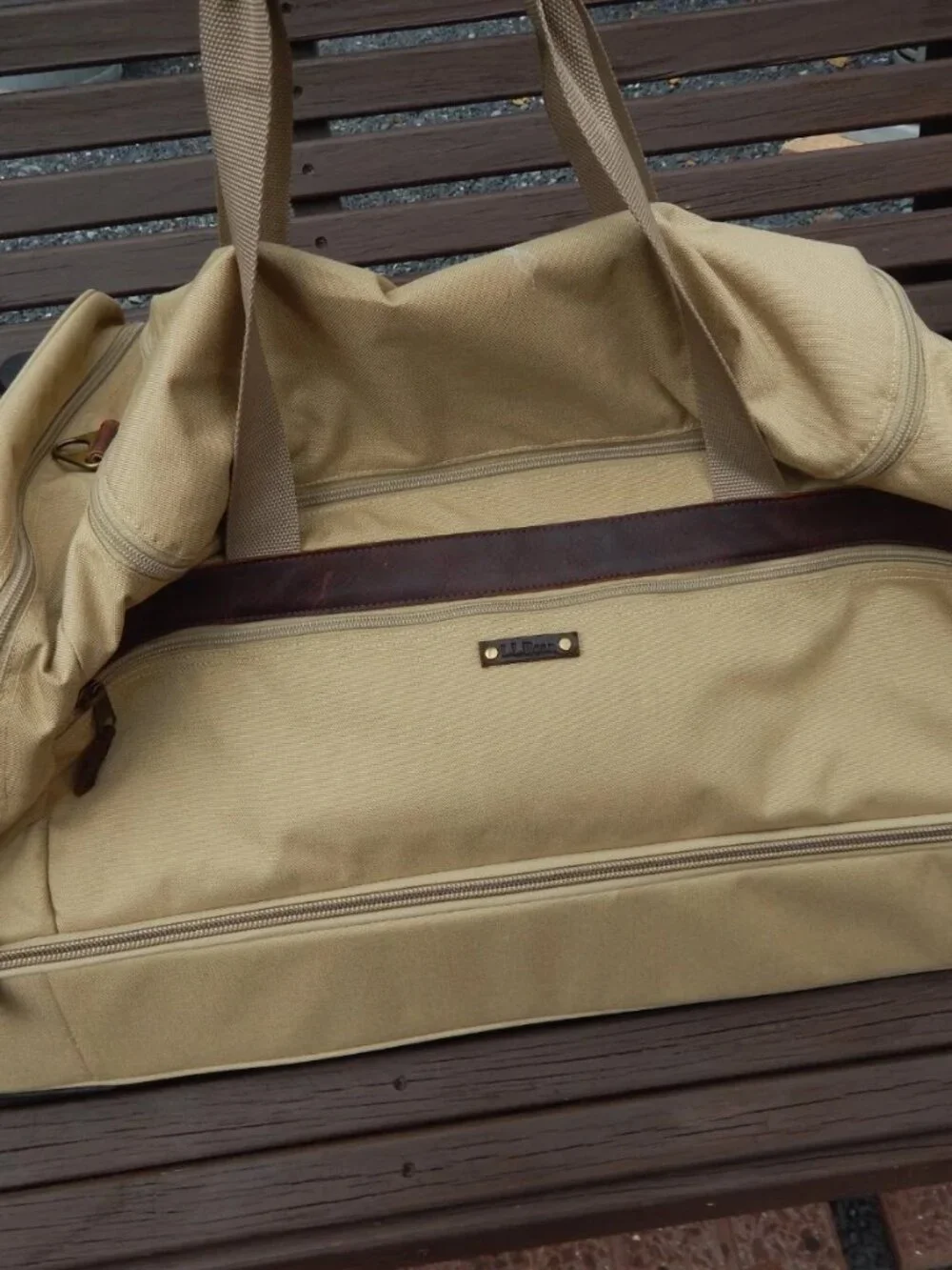 L.L. Bean Khaki Tan Canvas / Leather Rolling Duffle Bag Travel Rugged Luggage **